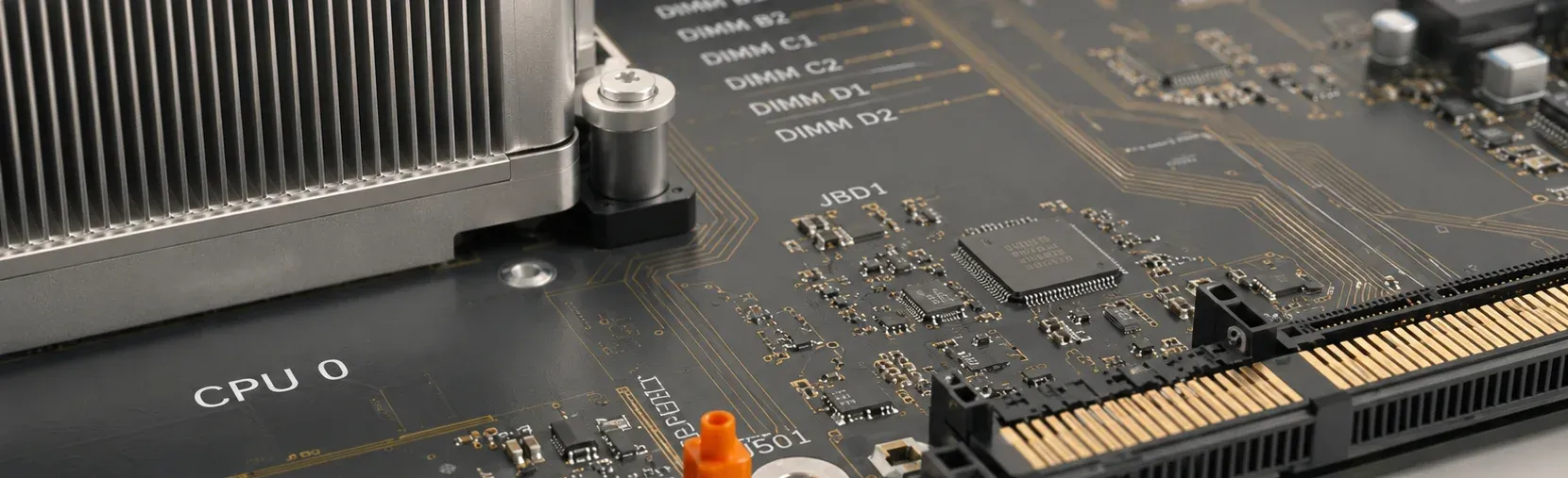 Close detail of a Cylake compute board — a CPU heatsink beside the labeled DIMM slots and a bank of memory sockets.