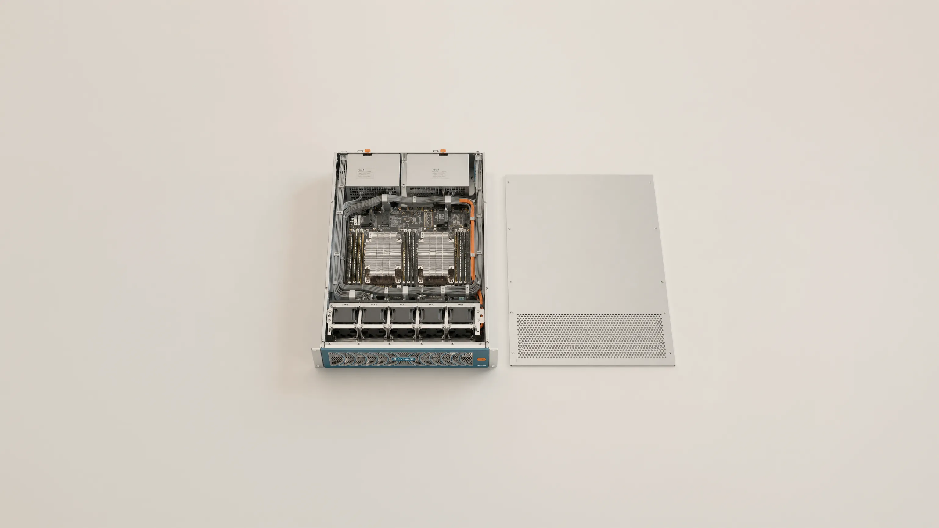 A Cylake rack unit with its lid removed, showing the compute board, fan wall and drive bay.