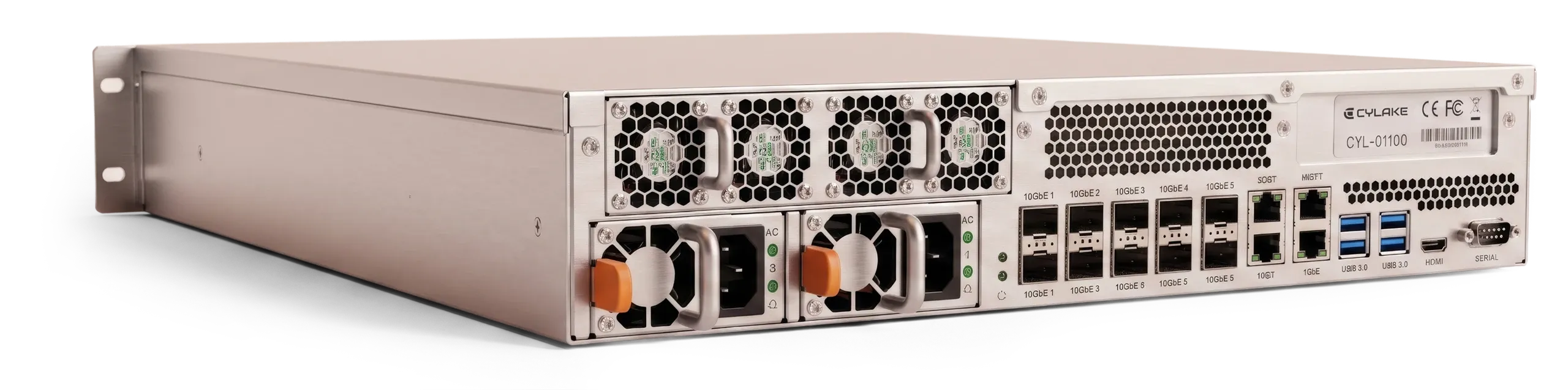 The rear of a Cylake appliance, seen at an angle — dual power supplies, fan modules, and a bank of 10GbE, USB and serial ports.