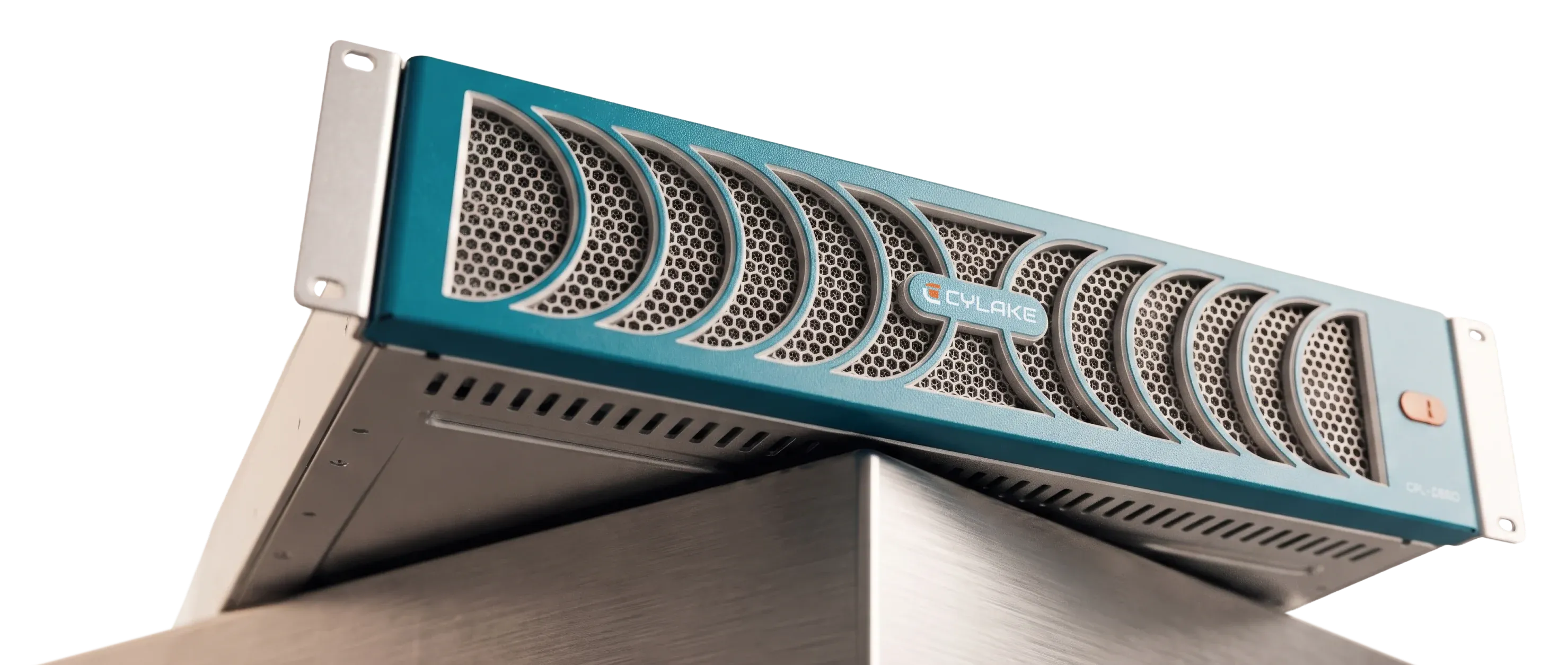 A Cylake rack appliance seen from below, its teal faceplate of crescent vents angled across the frame.