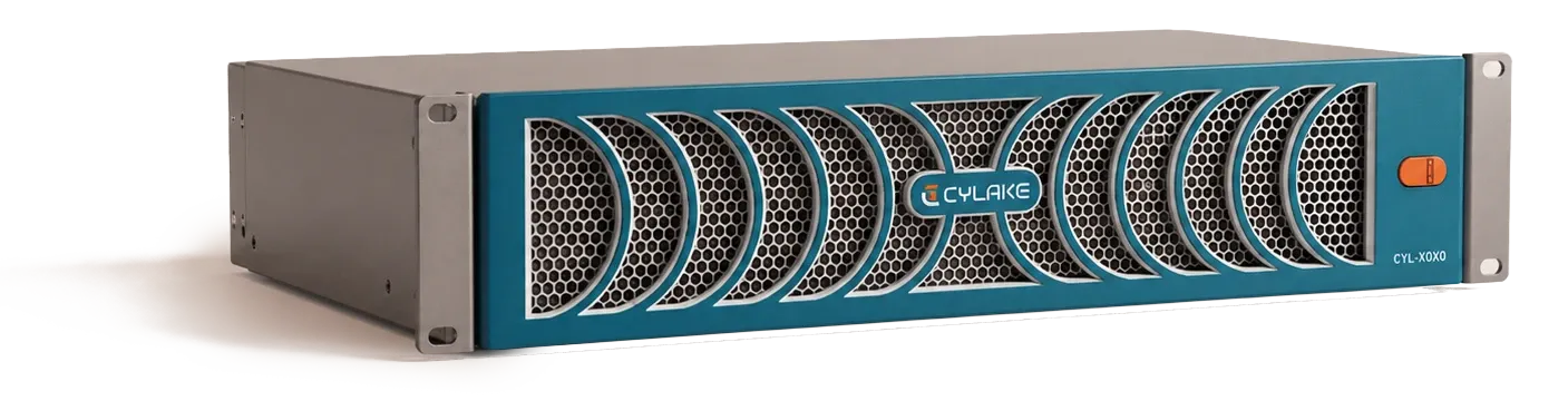 A Cylake rack unit — a two-rack-unit appliance with a perforated teal faceplate.