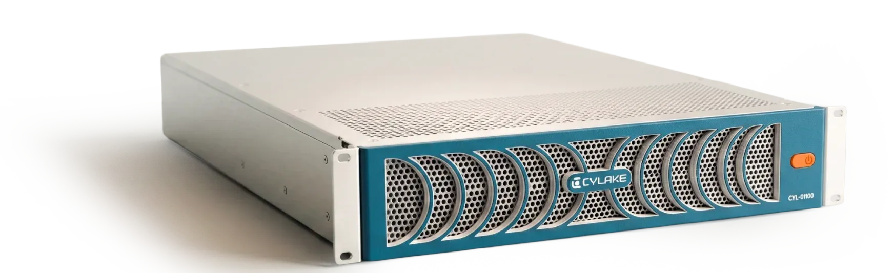 A Cylake rack unit seen from the front and above, its teal faceplate carrying the perforated fan cutouts and the power button.