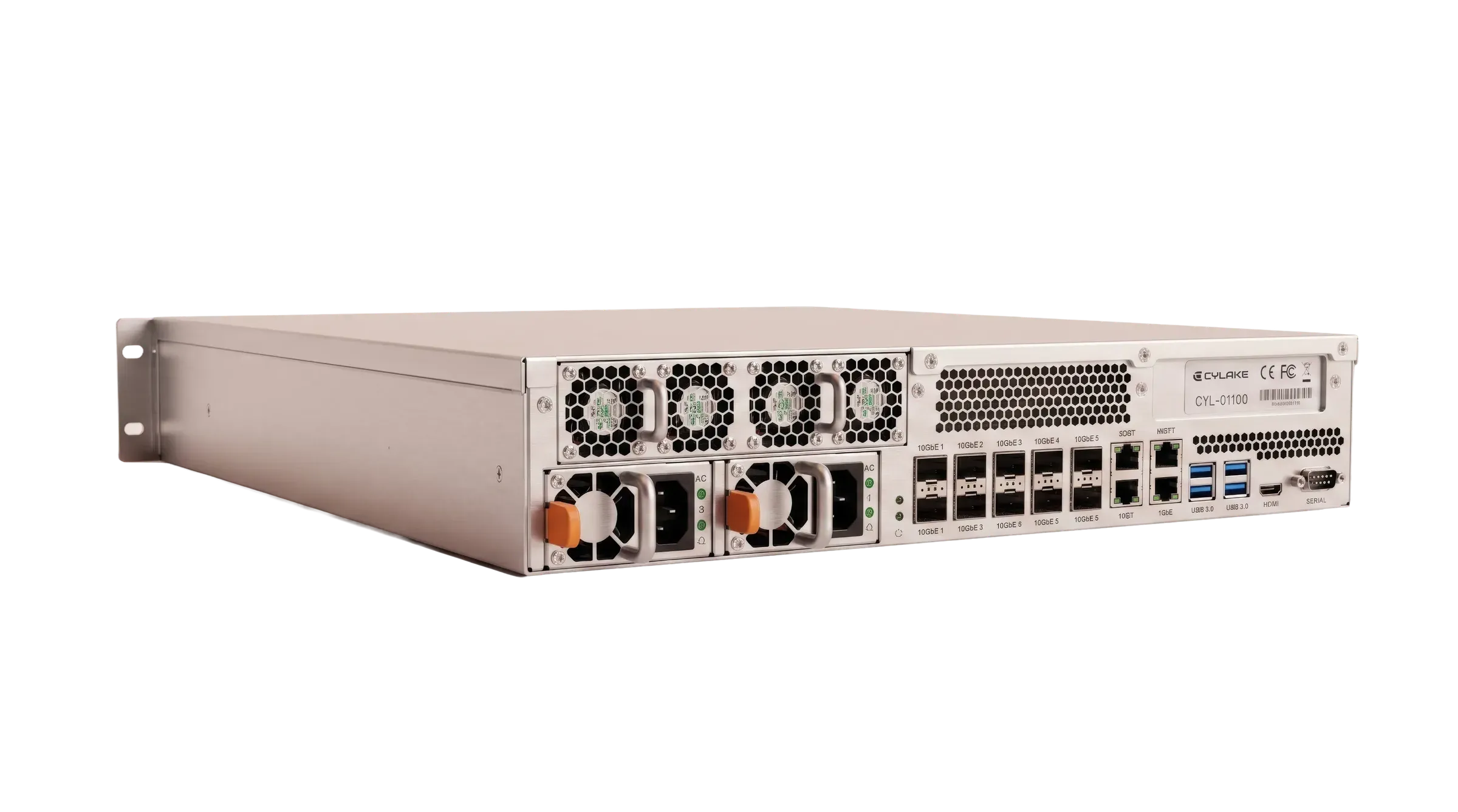 The rear of a Cylake appliance, seen at an angle — dual power supplies, fan modules and a bank of network ports.